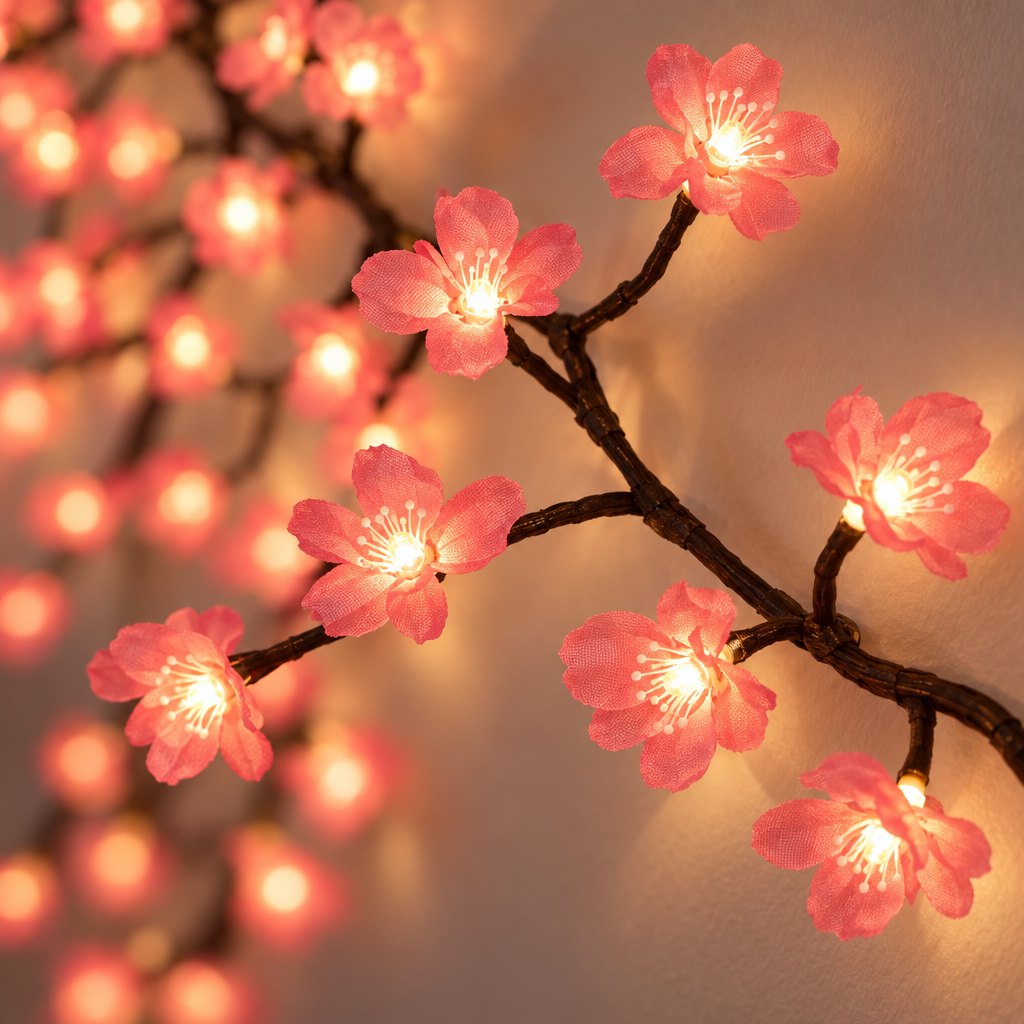 Närbild på FloraKörsbärs blommor med varmt LED-ljus